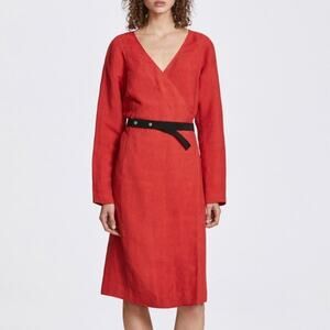 Her Line Women Wrap Dress Size 4 Red Linen Blend Lagenlook Coastal Minimalist